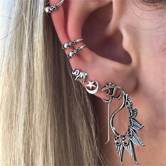 ๐ 14PC CELTIC EARRINGS BOHEMIAN TRIBAL BOHO CHIC MOON BEAD SILVER HOOPS GYPSY - Picture 8 of 10